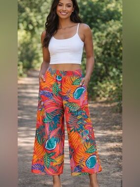 C&C CALIFORNIA TROPICAL PRINT SET TOP SLEEVELESS PANTS WIDE LEG LINEN 💯